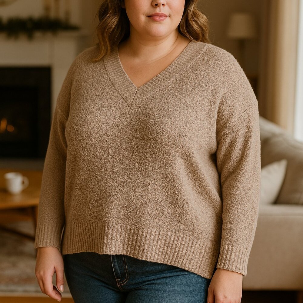 Davi &‎ Dani Taupe Textured Knit Pullover Sweater – 1XL